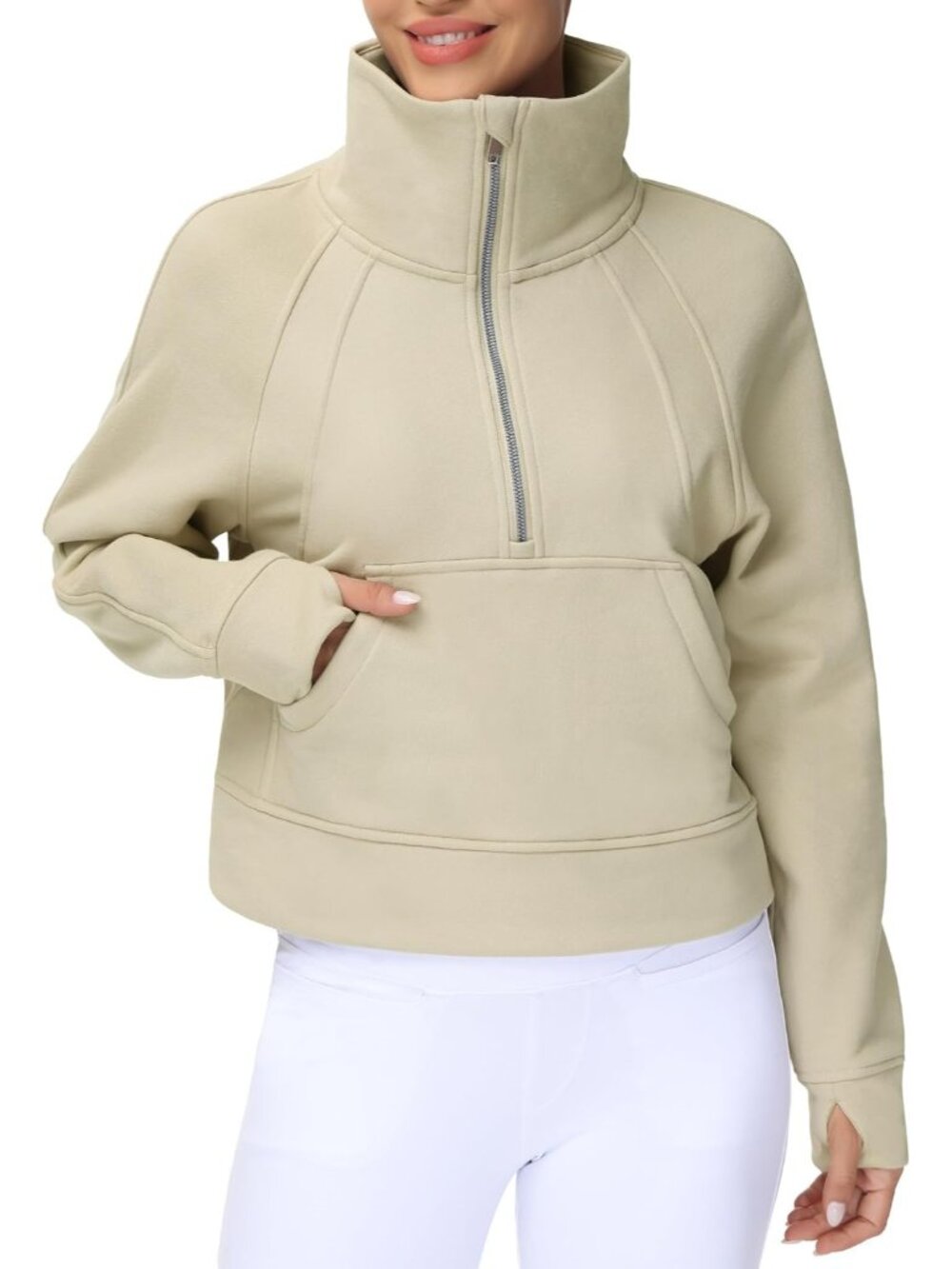 Women's Khaki Fleece Lined Stand Collar Half Zip Thumb Holes Crop Sweatshirt